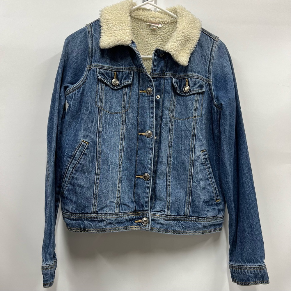 Denim Sherpa-Lined Jean Jacket xl 14-16 unisex faux fur 100%cotton